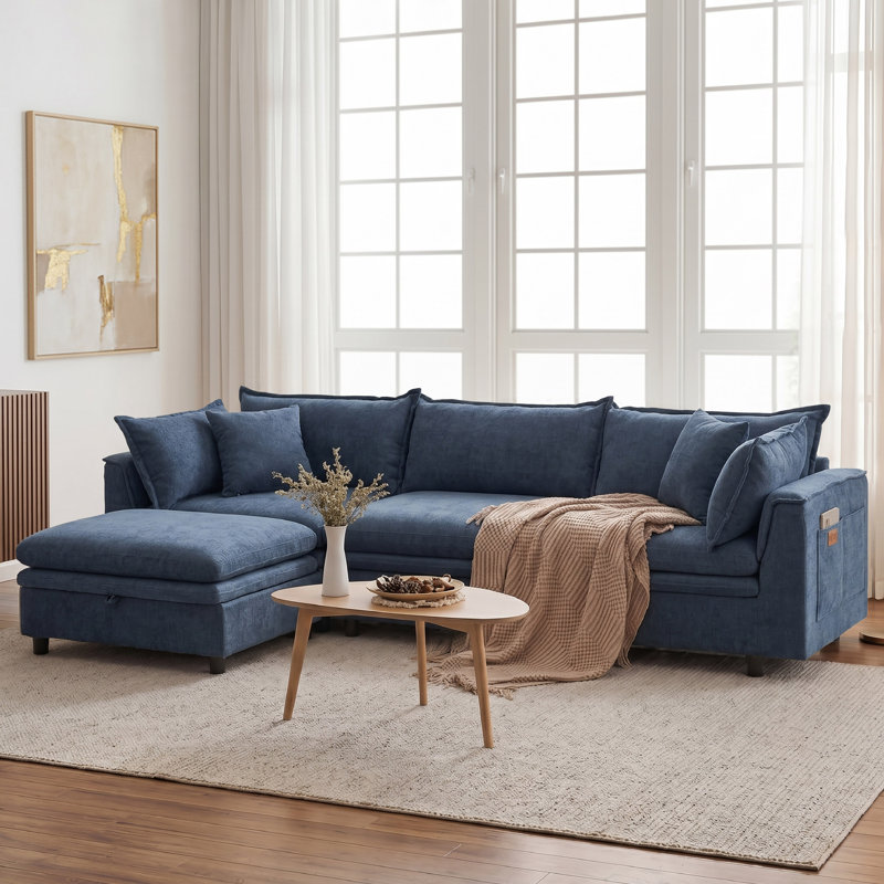 113'' Upholstered L-Shape Sectional Cloud Couch With Storage Ottoman, Blue Chenille