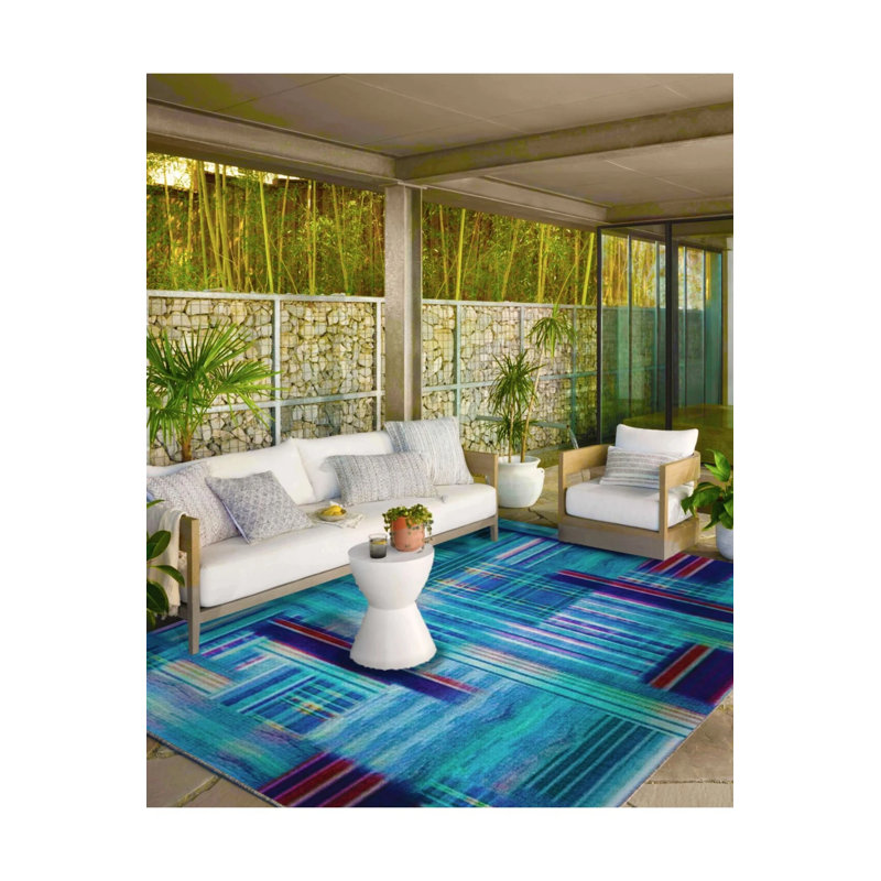 Blue Geometric Striped Themed Woven Base Carpet And Washable Carpet, Round 4'
