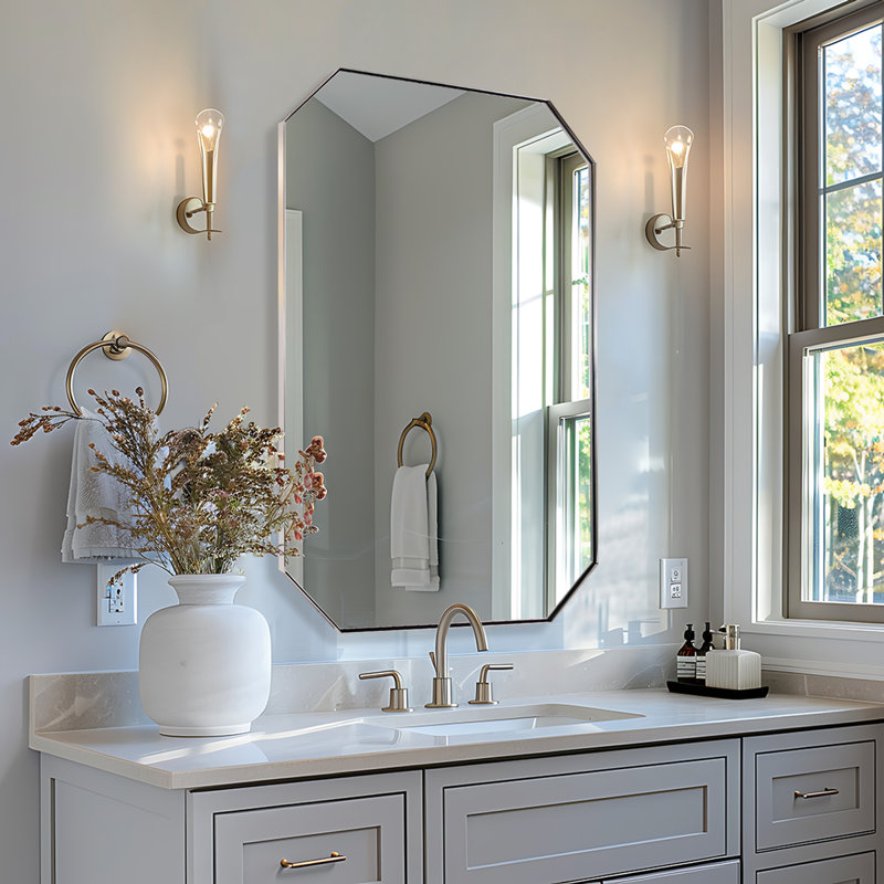 Contemporary Cut Corner Octagonal Scalloped Bathroom Vanity Mirror | Stainless Steel Frame, 36" x 24", Polished Chrome