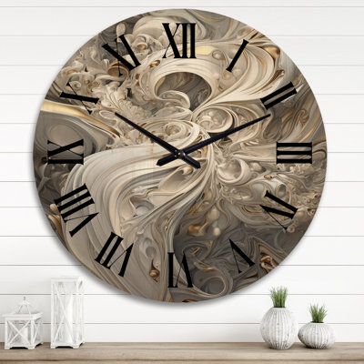 Fractal Whirl in Retro Gold and White I - Fractals Oversized Wood Wall Clock