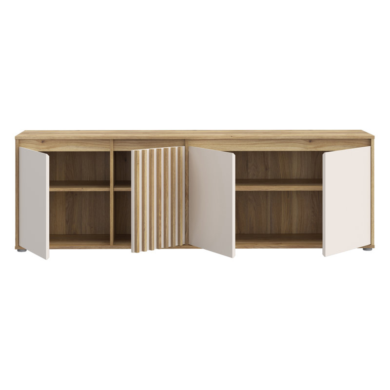 Scandi Style Lowboard with 4 Doors, Slatted Details, TV Rack, Living Room, Engineered Wood, Warm Oak Decor/Beige, 174.3 cm W x 56.1 cm H x 41.5 cm D