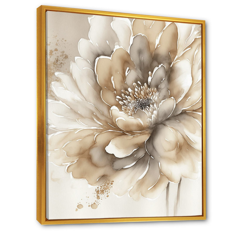 Fleur beige simple IV - art mural sur toile florale, H 44 po x l 34 po x P 1,5 po, Cadre flottant doré