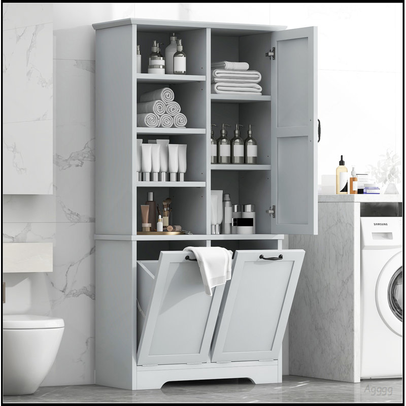 Bathroom Storage Cabinet With Doors And Drawers, Tilt-Out Laundry Hamper, Multiple Storage Space, Freestanding Style, Open Shelve, Adjustable Shelf, Gray