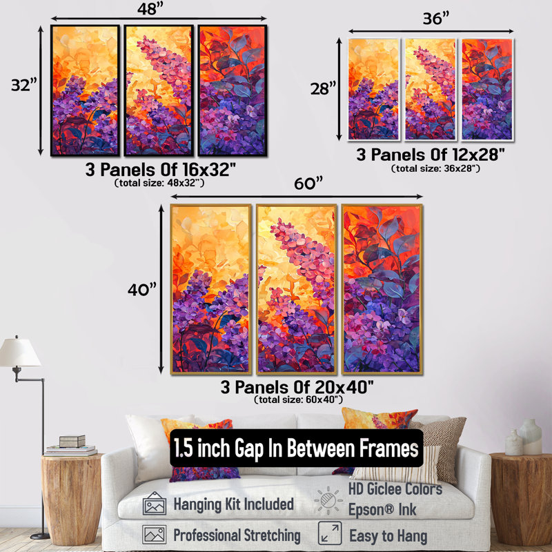 Coucher de soleil lilas mauve dans les jardins botaniques IV - Lilas, ensemble d'art mural, H 28 po x l 36 po, Noir