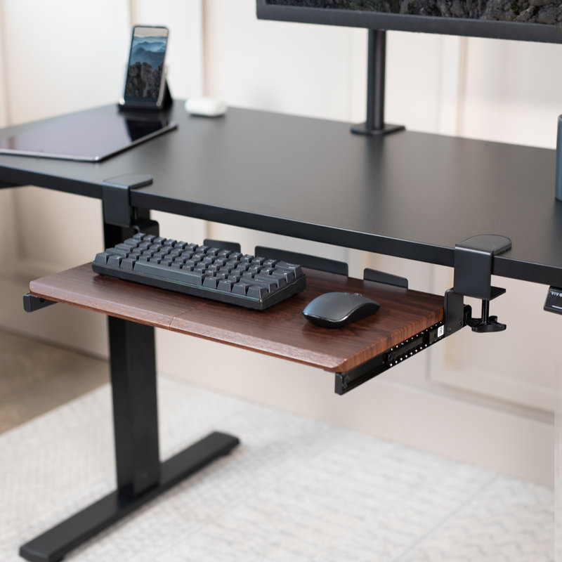 Dark Walnut Adjustable Clamp-On Keyboard Tray with Steel Frame