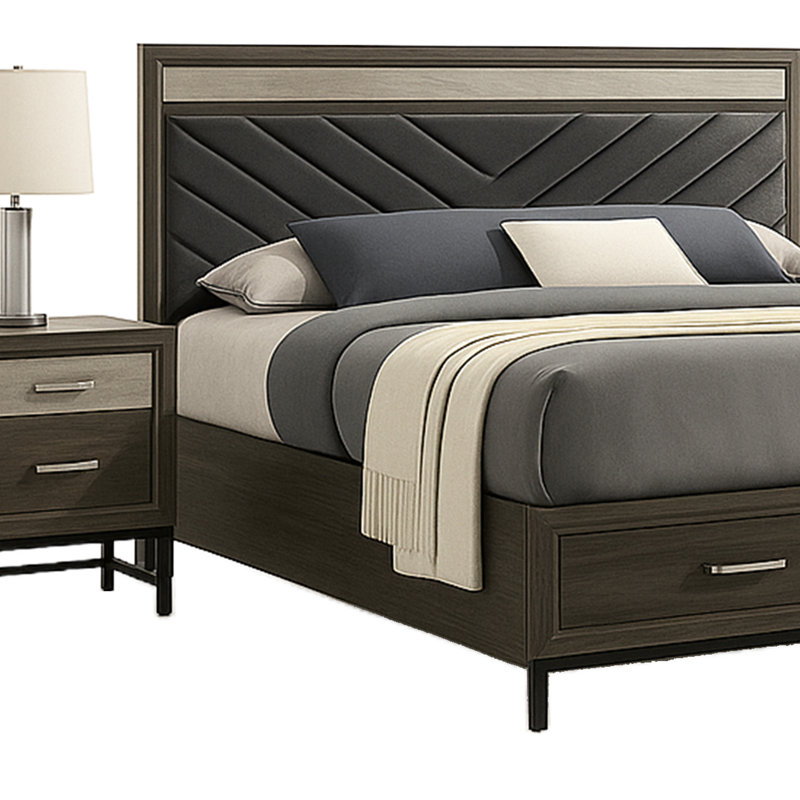 Ensemble de chambre avec grand lit 4 pièces Lito, revêtement gris, tiroirs de pied de lit, Brun