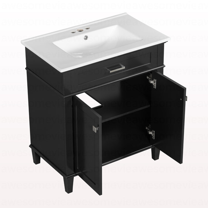 Meuble-lavabo de 30 pouces avec lavabo en céramique, porte à fermeture en douceur et tablettes réglables, Noir