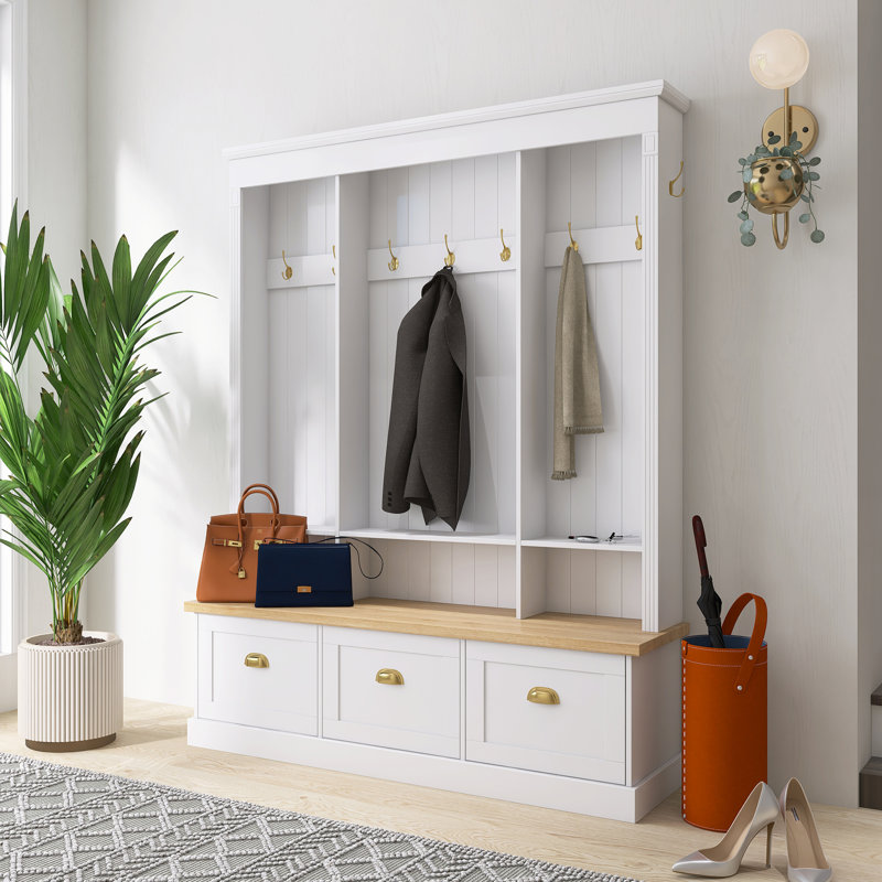 Farmhouse Hall Tree Entryway Organizer With Storage Bench, White