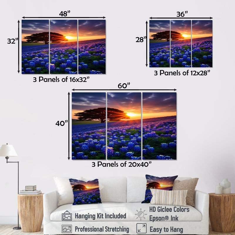 «Single Tree Blossoming Flower Field Sunset - Blue Bonnets», ensemble de reproduction d'art mural, Toile tendue