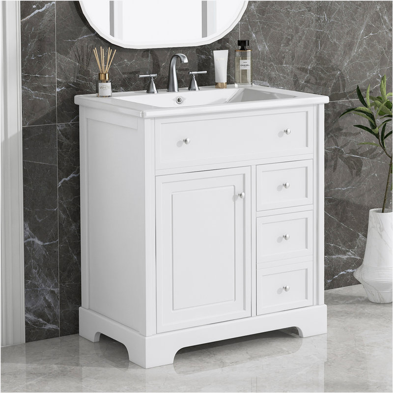 Meuble-lavabo pour salle de bain avec comptoir, meuble-lavabo avec porte et deux tiroirs, planches en panneau de fibres à densité moyenne