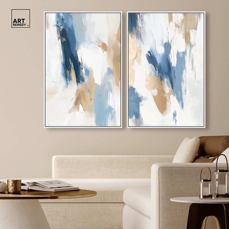 Ensemble de décorations murales abstraites « Azure Serenity » sur toile, par Art Remedy, cadre noir, 10 x 15, Structure noire