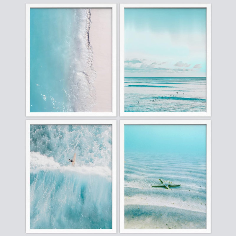 Ensemble de 4 photos de décorations murales encadrées sur fond de plage, bord de mer, H 10 po x l 8 po x P 1 po, Blanc