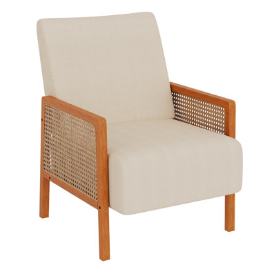 Upholstered Accent Chair With Rattan Arms And Solid Wood Legs