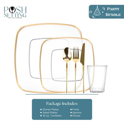 Posh Setting 280 Piece Clear And Gold Plastic Party Bundle - Classic Square (40 Settings)