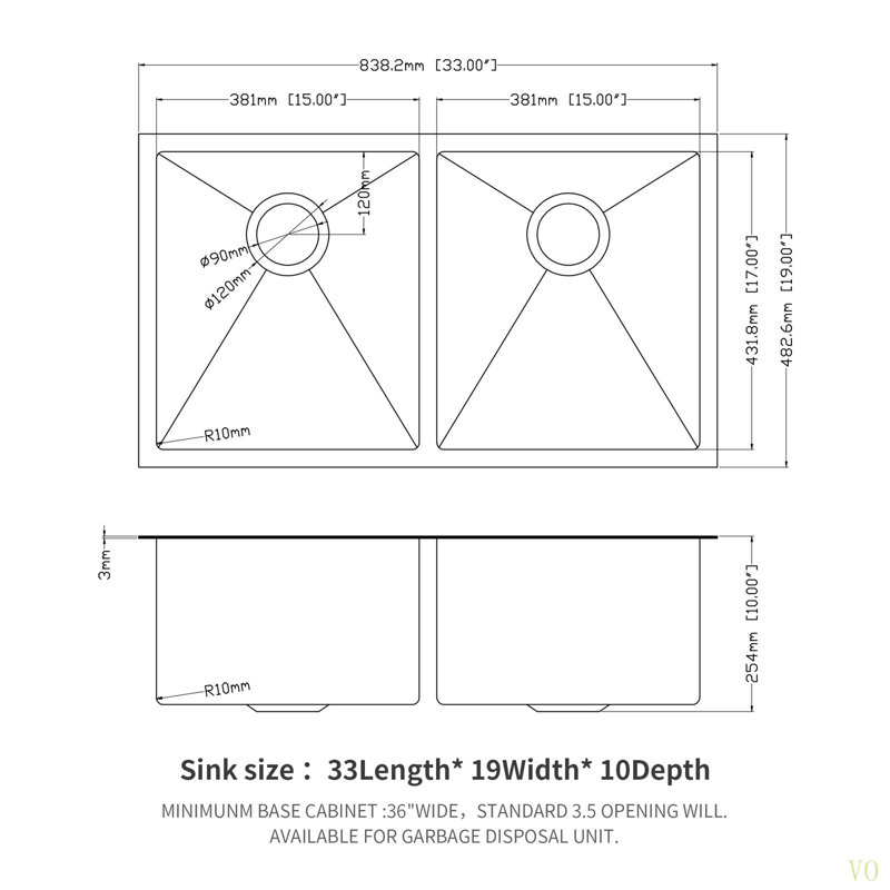 Évier de cuisine à double cuve (50/50) encastré sous plan - 33 po x 19 po x 10 po avec double cuve de 10 po