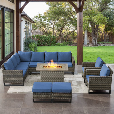 Ingvald 8- Person Outdoor PE Wicker Patio Seating Group with Fire Pit, Ottomans and Cushions