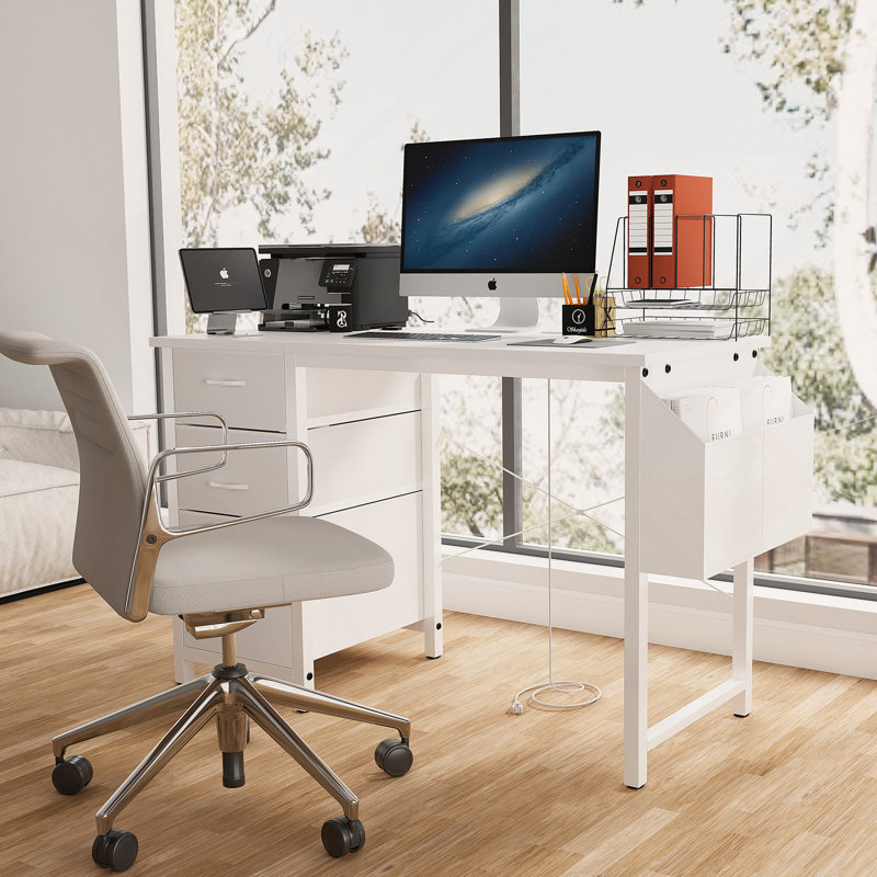 47.3 Inch Multi-Functional Office Desk With Power Outlets, 3 Drawers, And Side Pocket For Home And Office Use, White