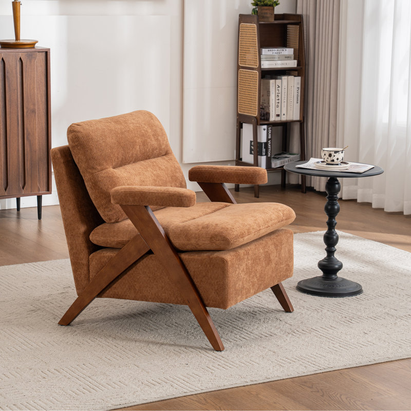 Mid Century Upholstered Arm Accent Chair with Solid Wood Legs, Khaki