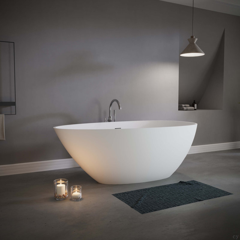 59" Freestanding Solid Surface Bathtub, Luxury Stone Resin Freestanding Soaking Bathtub With Overflow And Pop-Up Drain For Contemporary Bathroom