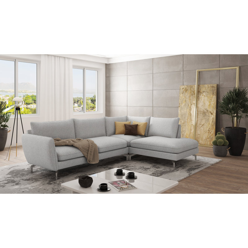 Modern L-Shape Corner Sofa  with Silver Metal Legs, Right Hand Facing, Silver