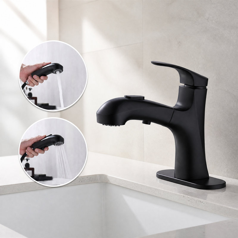 Single-Handle Bathroom Faucet with 20" Pull-Out Sprayer with 2 Spray Settings, Matte Black