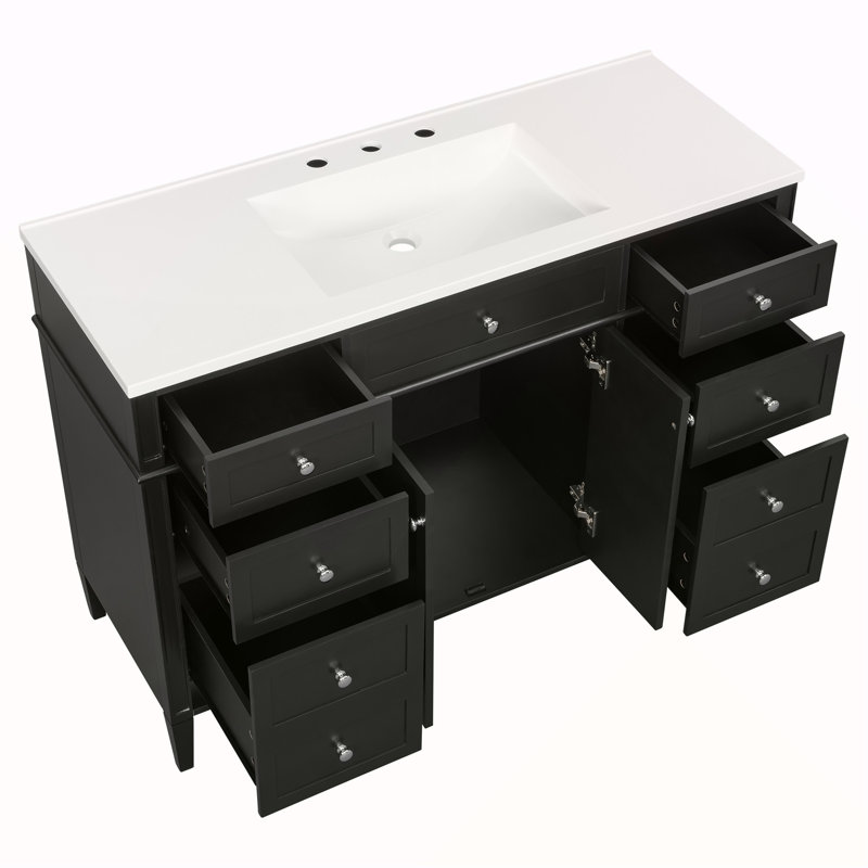 Ensemble de meuble-lavabo autoportant en MDF avec 6 tiroirs et 2 portes, ensemble de meuble-lavabo noir avec lavabo en composite, charnières à fermeture en douceur et poignées en métal argenté 48 po