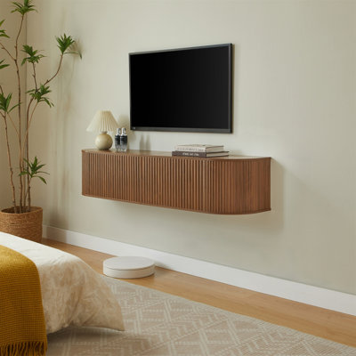 55" Wall Mounted Floating TV Cabinet with Fluted Doors, Large Capacity Media Console with Cable Management Holes for Living Room Bedroom, Compatible with Various Home Styles
