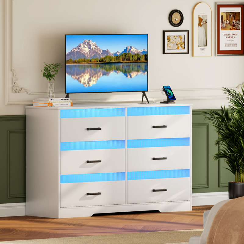 6-Drawers Dresser With LED Light and USB Port, White