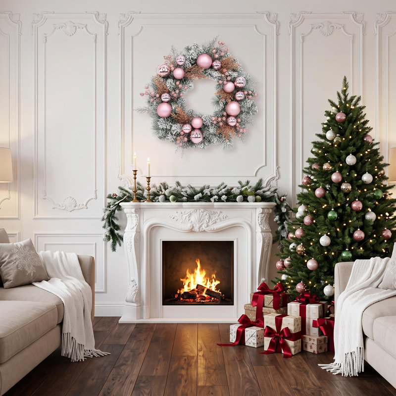 Couronne de Noël rose 24 po avec flocons de neige pré-éclairés 24 po