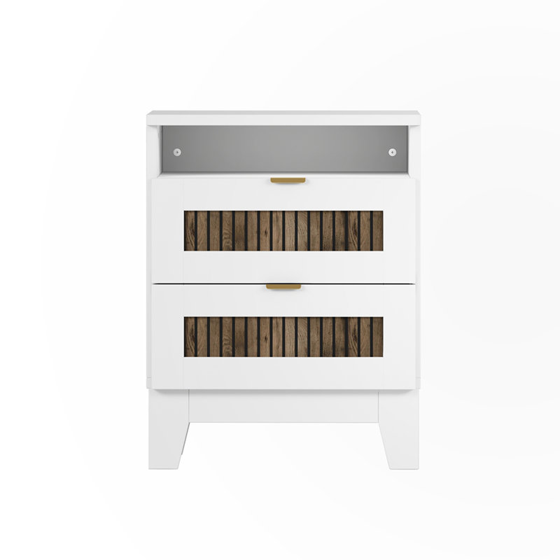 White and Brown Wooden 2-Drawer Farmhouse Nightstand