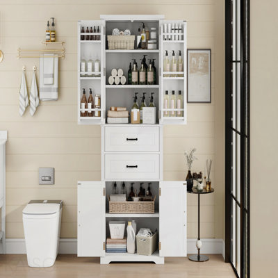 [Vidéo] Armoire de rangement avec espace de rangement multifonctionnel, portes avec tablettes de rangement, 2 tiroirs, tablette réglable, blanc (même numéro de pièce: N759p293426k)