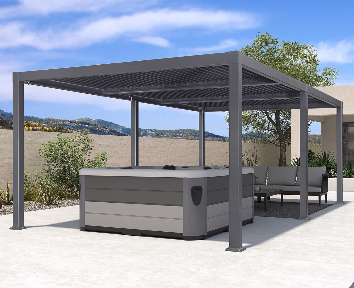 Aluminum Louvered Pergola, 92.58"H x 245.28"W x 137.2"D