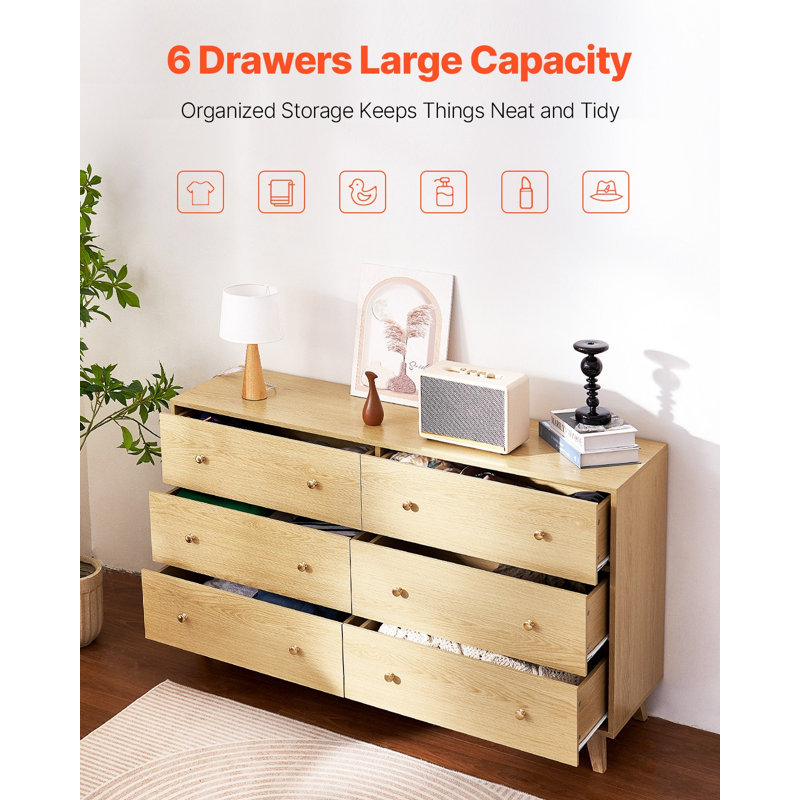 Commode 6 tiroirs, commode en bois avec glissière avec dispositif anti-basculement, commode minimaliste moderne, rangement pour placard de salon, couloir, chambre à coucher, entrée, bois clair