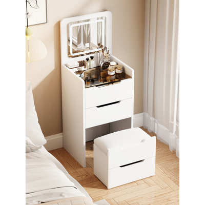 Élégante coiffeuse 3 en 1 avec bureau en verre, tabouret de maquillage, rangement interne, miroir compact pour meuble de chambre à coucher, rangement