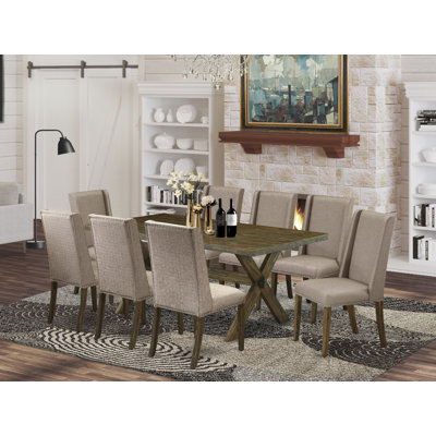 Ensemble de table de salle à manger 9 pièces comprenant une table de salle à manger rectangulaire avec pieds en X et 8 chaises Parsons en tissu kaki foncé, finition jacobine patinée