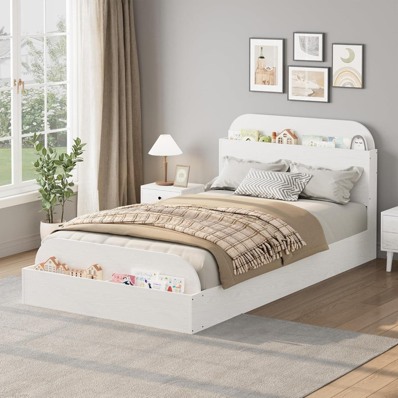 Twin Bed Frame with Storage Headboard, Solid Wood with Raised Footboard, Twin Size, Low Platform Design, Sturdy Slat Support, Natural Finish, Bedroom Use