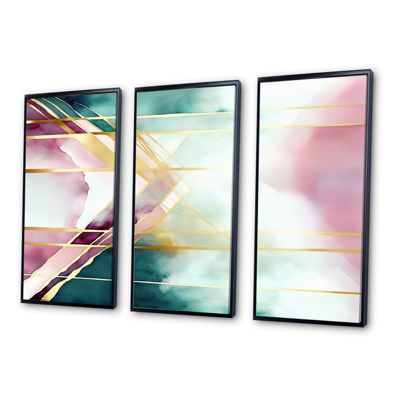 Abstrait géométrique géométrique rose et vert I - 3 pièces sur toile, H 28 po x l 36 po x P 1 po, Cadre flottant noir