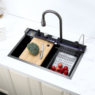29.5×17.7 Inch Digital Display Whale Waterfall Sink With Pull Down Kitchen Faucet And Pressurized Cup Washer Single Bowl Overmount Kitchen Sink Stainless Steel Workstation Kitchen Sink