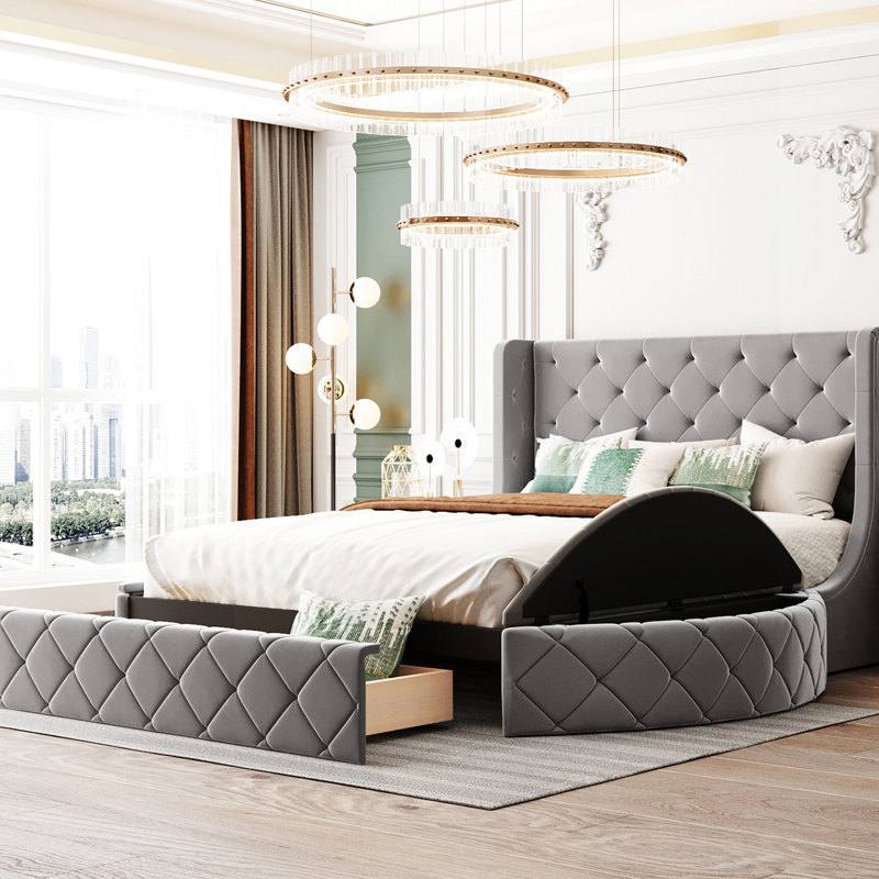 Grand lit avec rangement en velours rembourré, tête de lit à oreilles, 1 grand tiroir et 2 sièges de rangement latéraux et tabourets