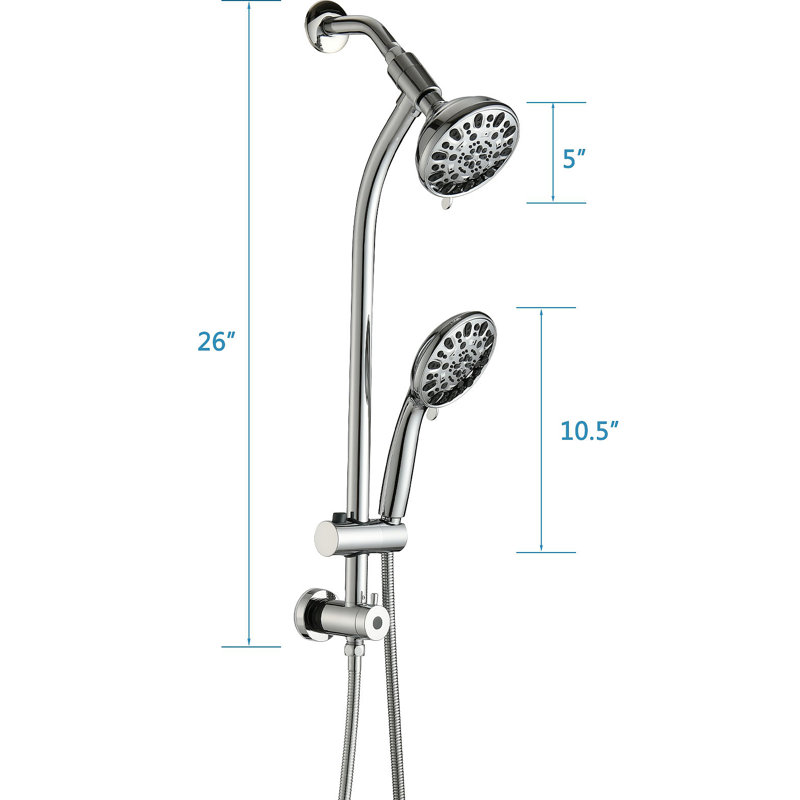 Douche à pluie sans outil de 5 pouces et combiné à 7 jets avec barre coulissante réglable de 26 po, double sens de l'eau de 1,8 gallon par minute