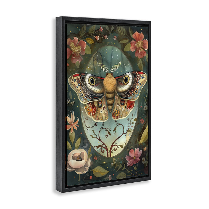 Cadre flottant Ornate Botanicals & Moth, design par The Dutch Lady, Cadre flottant noir de jais, H 25 po x l 17 po