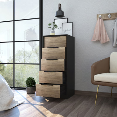  Commode 5 tiroirs 42 "en bois manufacturé noir et chêne clair