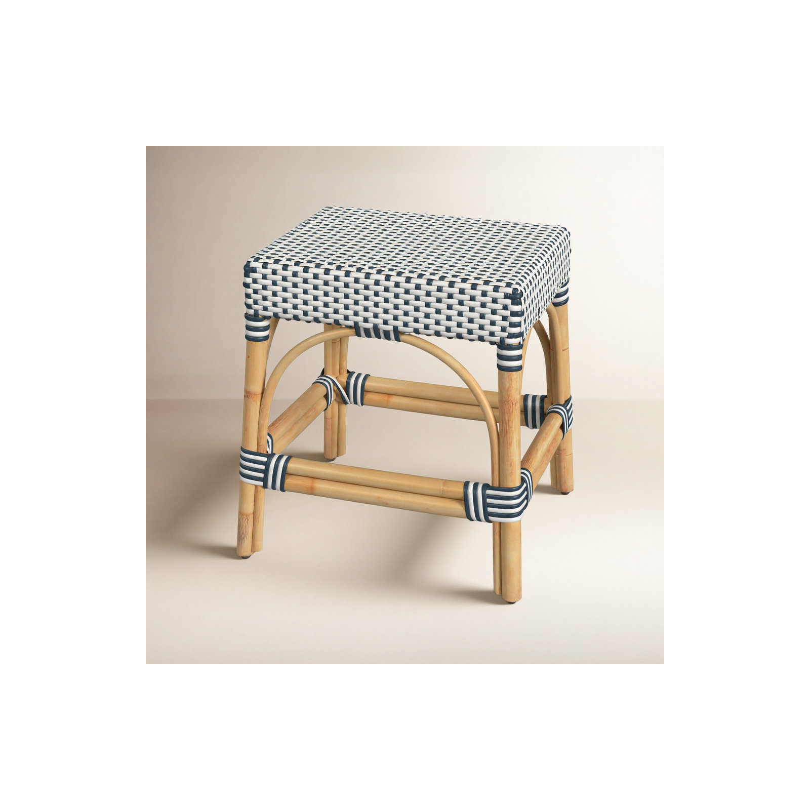 Lennart 18" Rectangular Rattan Dining Stool, White/Navy Dot/ Natural Rattan Frame