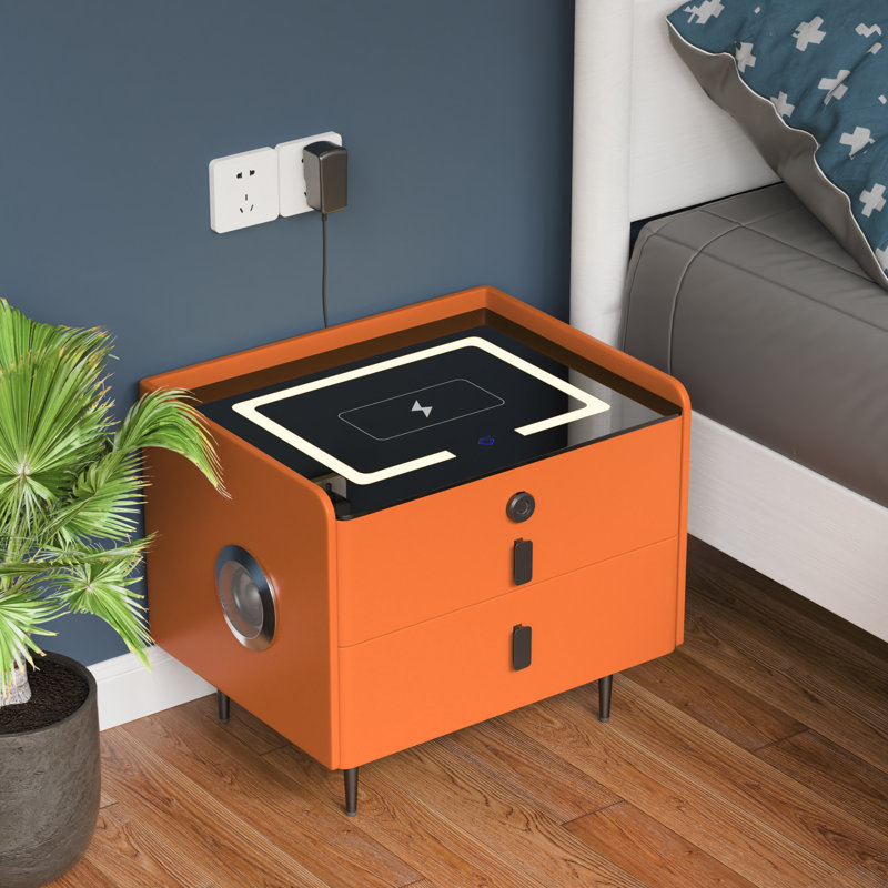 Cathriona 2 - Drawer Nightstand With Fingerprint Lock And Led Lights And Music Player, Orange