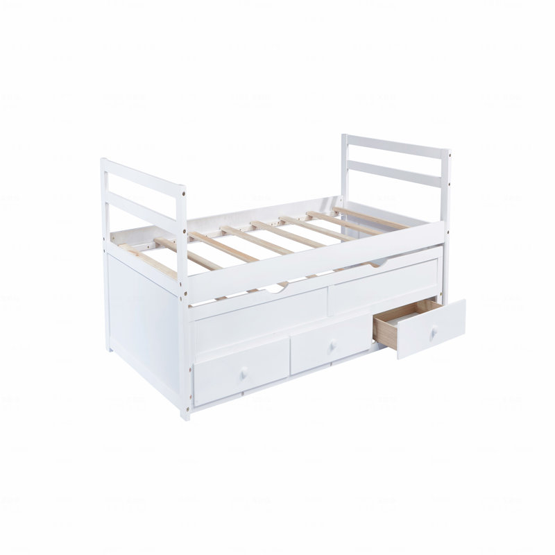 Twin Size Bed Frame With Headboard, Footboard, Trundle And Three With Storage Function Drawers, Twin Size Pine Wooden Frame Material Bed Frame With Headboard, Footboard