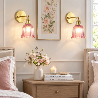 2-Pack Rechargeable LED Wall Sconce with Remote, Wireless Battery Operated Wall Light with Pink Flower Ribbed Glass Shade, 12 RGB Colors Dimmable 3000K-6000K, Bulbs Included