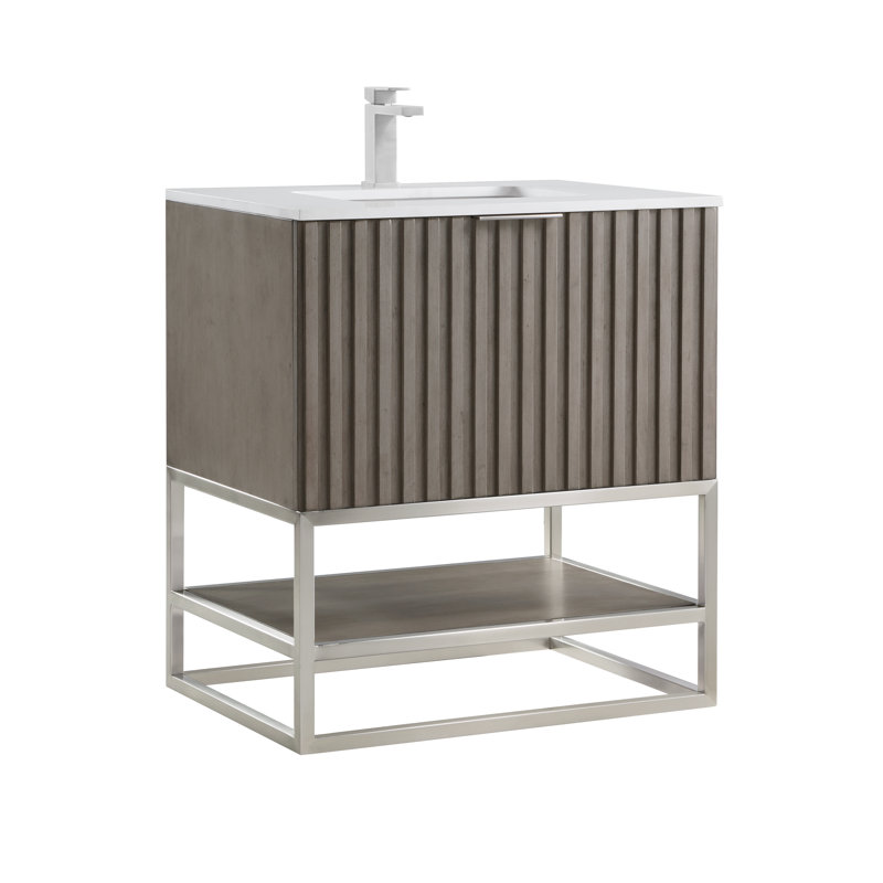Terra 30'' Single Bathroom Vanity with Top, White Quartz/Single Faucet Mount, Cashmere Gray, Brushed Nickel
