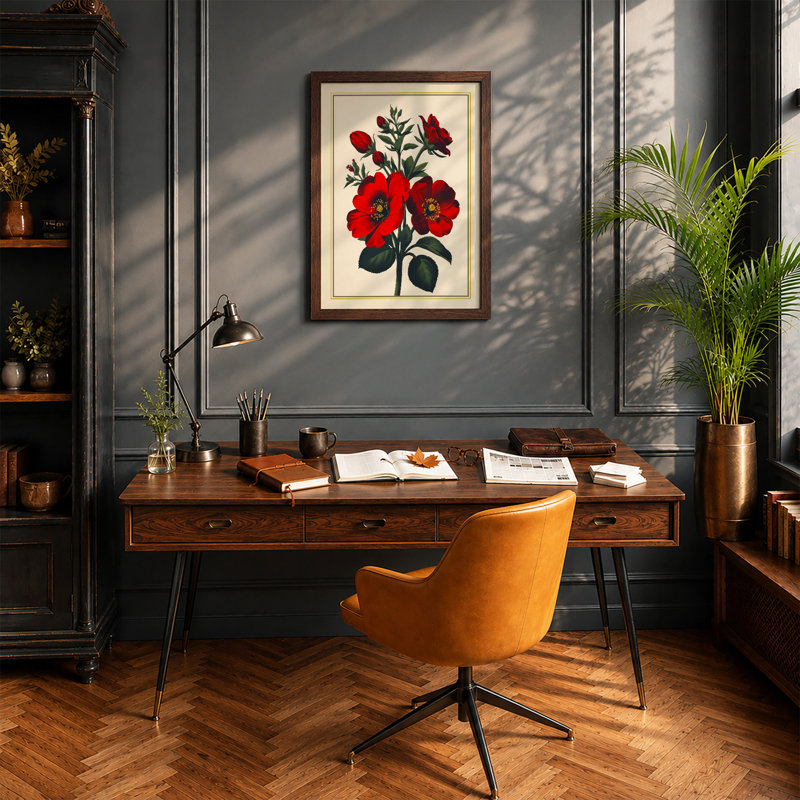 Crimson Anemones Botanical - Framed Print, Walnut, A3 - 42.0 x 29.7 cm