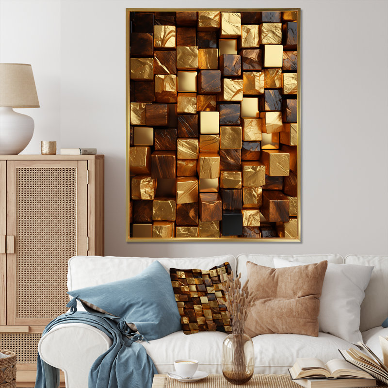 Or abstrait cubes III - art mural géométrique, Cadre flottant doré, H 40 po x l 30 po x P 1,5 po