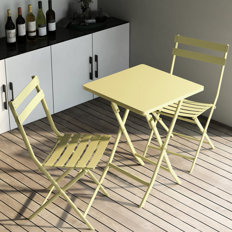 Meuble de bistro jaune à 3 patios - chaises pliantes en métal et table carrée, pour vérandas et tables